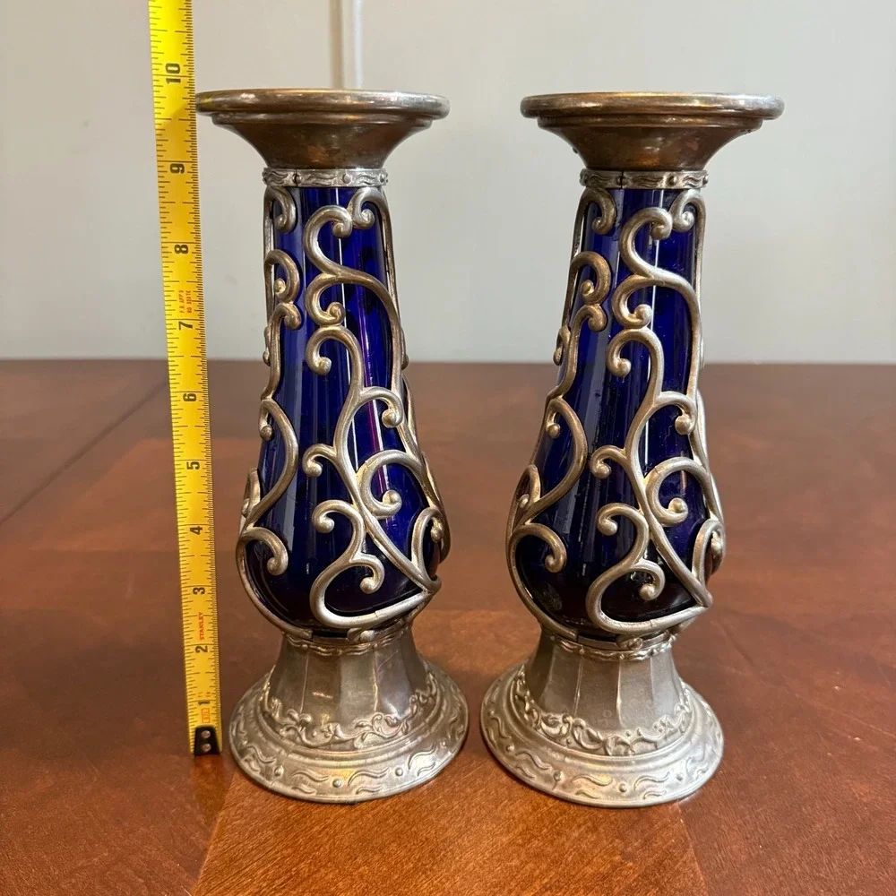 Vtg Cobalt Blue Glass Cased Vine Scroll Metal Pillar Candle Holder Set 2‎ Read